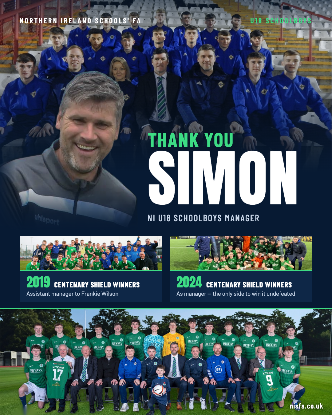 Thank you Simon, NI U18 Schoolboys manager, Centenary Shield winners 2019 and 2024