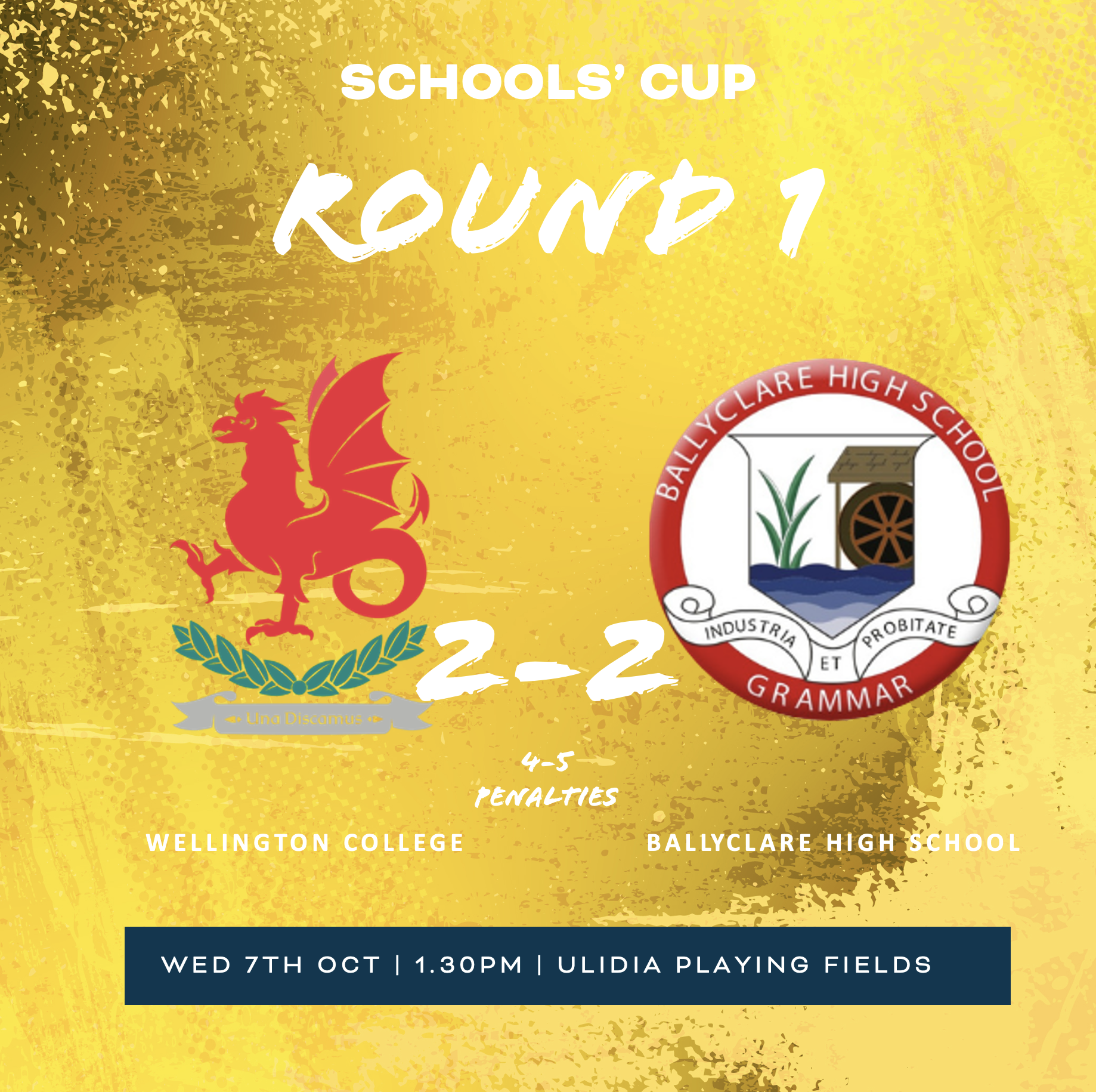 Wellington College 2-2 Ballyclare High School, Ballyclare win 5-4 on penalties